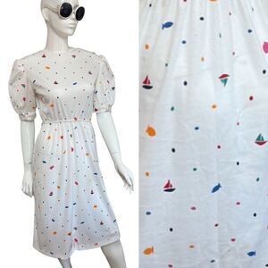 Vintage 70s 80s One of a Kind Handmade Nautical Boat Fish Print Cinch Midi Dress
